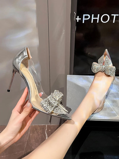 Women's High Heels Pointed Toe Stiletto Fashion Champagne Shoes With Butterfly & Rhinestone Decoration