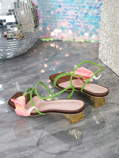 Women's Fashion Floral Open Toe Strap Mid Heel Sandals