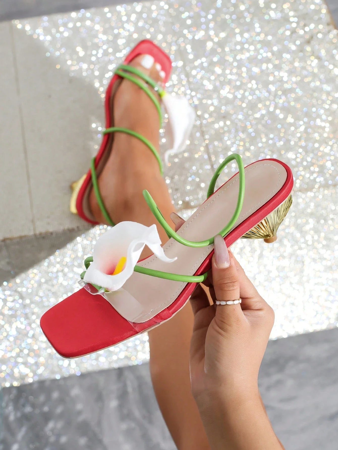 Women's Fashion Floral Open Toe Strap Mid Heel Sandals