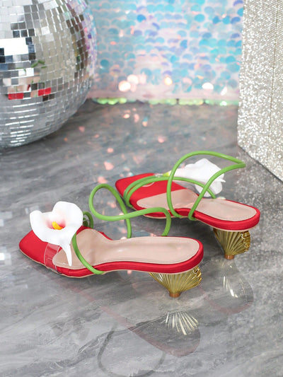 Women's Fashion Floral Open Toe Strap Mid Heel Sandals