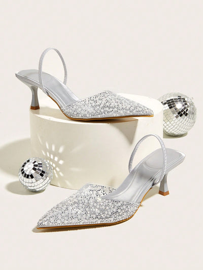 Elegant Blue High Heel Sandals With Pointed Toe, Pearl & Rhinestone Detail