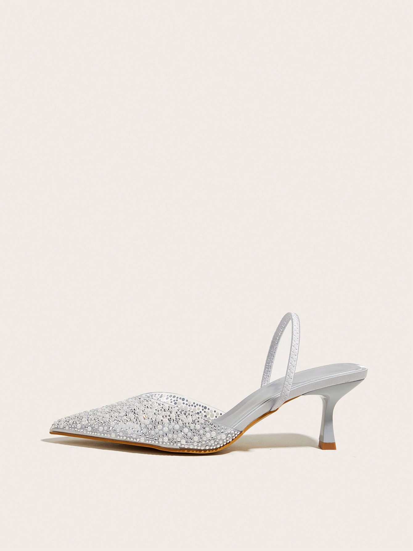 Elegant Blue High Heel Sandals With Pointed Toe, Pearl & Rhinestone Detail
