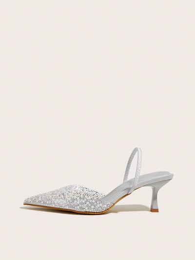 Elegant Blue High Heel Sandals With Pointed Toe, Pearl & Rhinestone Detail