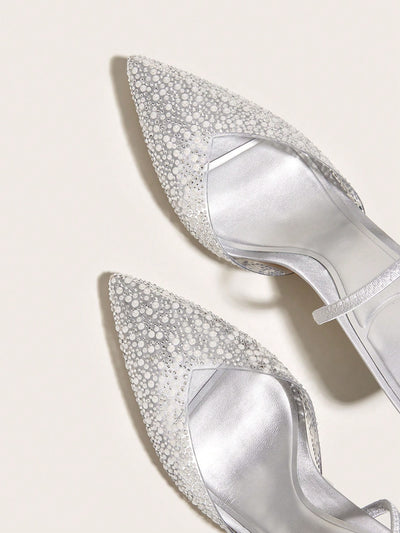 Elegant Blue High Heel Sandals With Pointed Toe, Pearl & Rhinestone Detail