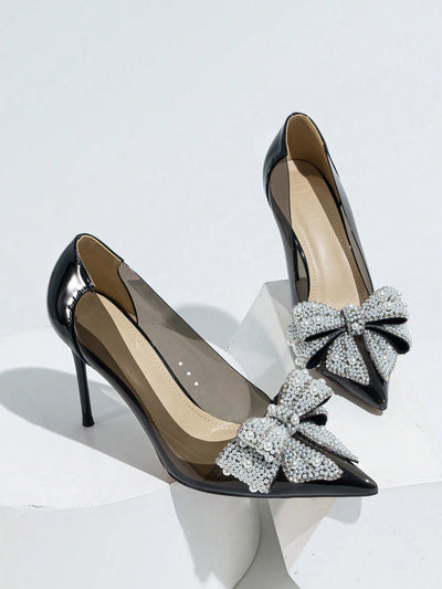 Women's High Heels Pointed Toe Stiletto Fashion Champagne Shoes With Butterfly & Rhinestone Decoration
