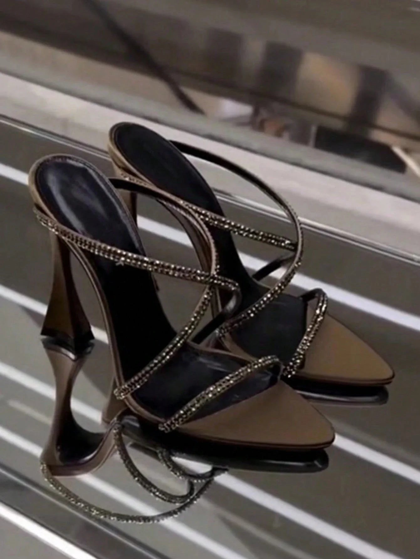 Rhinestone Decorated Satin Peep Toe Sexy Criss-Cross Strap High Heel Sandals