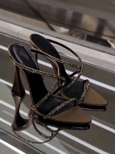 Rhinestone Decorated Satin Peep Toe Sexy Criss-Cross Strap High Heel Sandals