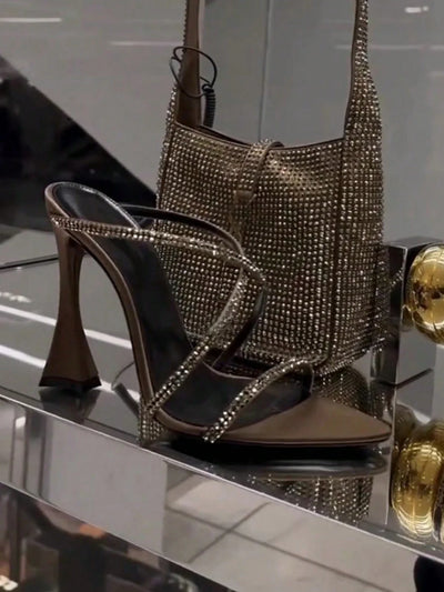 Rhinestone Decorated Satin Peep Toe Sexy Criss-Cross Strap High Heel Sandals