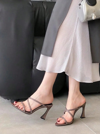 Rhinestone Decorated Satin Peep Toe Sexy Criss-Cross Strap High Heel Sandals