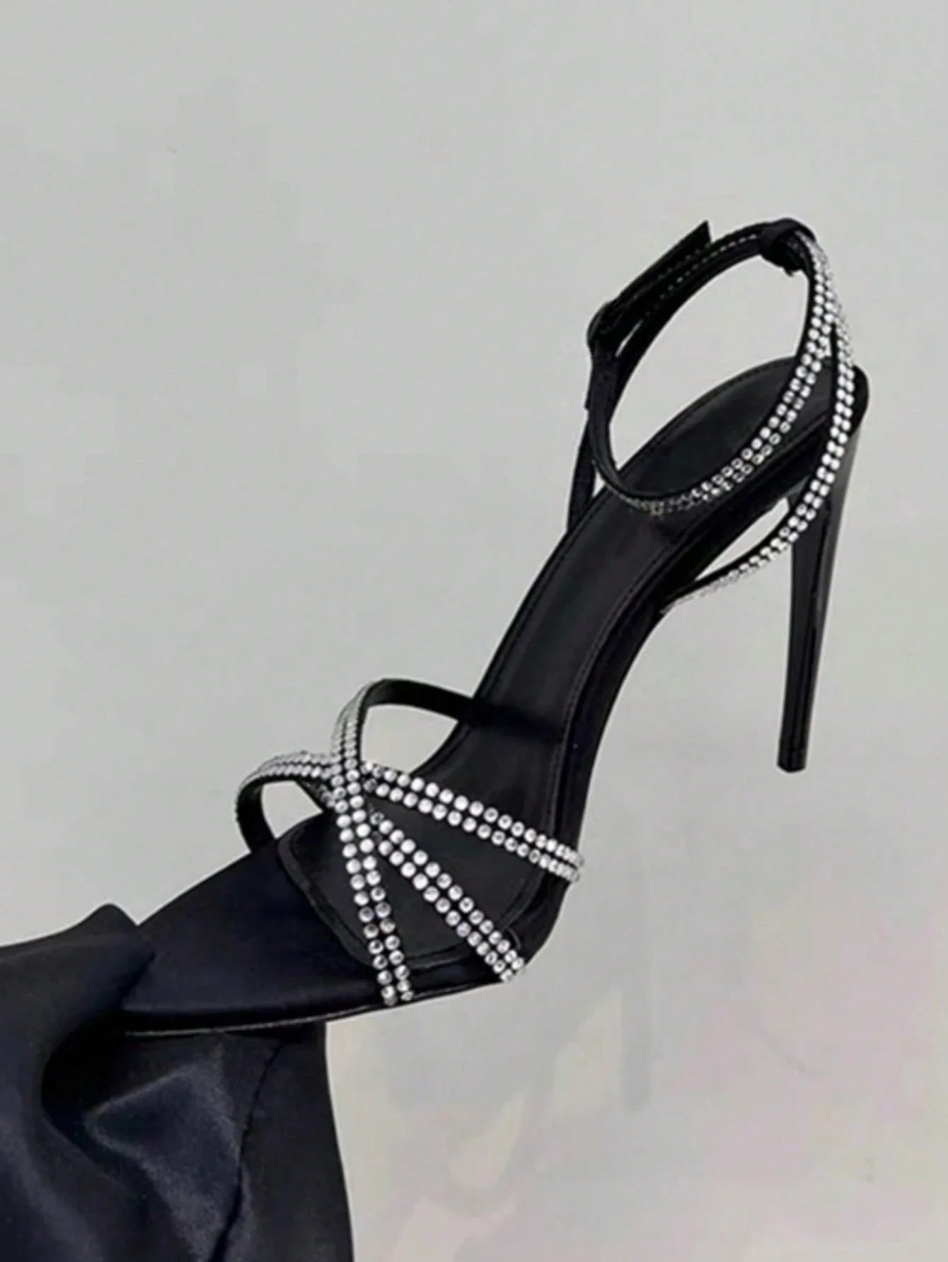 Rhinestone Decorated Satin Peep Toe Sexy Criss-Cross Strap High Heel Sandals