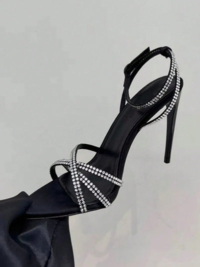 Rhinestone Decorated Satin Peep Toe Sexy Criss-Cross Strap High Heel Sandals